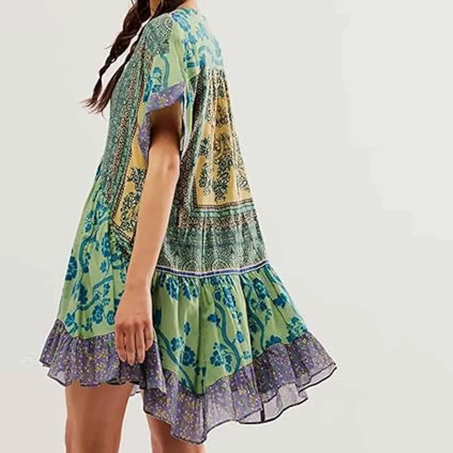 Womens Bohemian Babydoll Dress Casual Summer Floral Dresses Short Sleeve V Neck Sundress Flowy Ruffle Dress