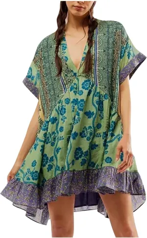 Womens Bohemian Babydoll Dress Casual Summer Floral Dresses Short Sleeve V Neck Sundress Flowy Ruffle Dress