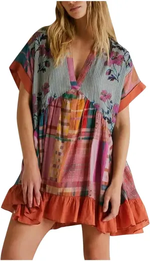 Womens Bohemian Babydoll Dress Casual Summer Floral Dresses Short Sleeve V Neck Sundress Flowy Ruffle Dress