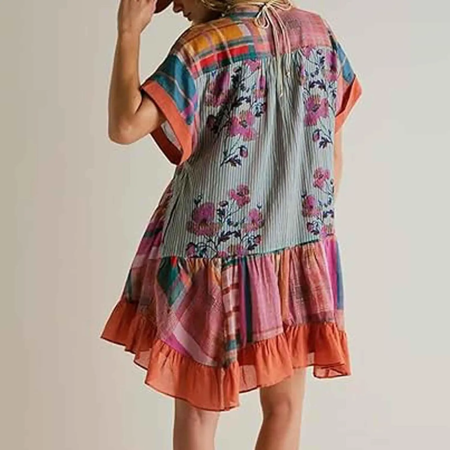 Womens Bohemian Babydoll Dress Casual Summer Floral Dresses Short Sleeve V Neck Sundress Flowy Ruffle Dress