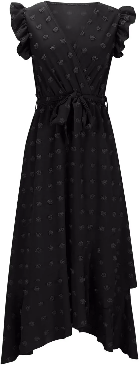 Women's Casual Dress 2025 V Neck Swiss Dot Boho Dresses Wrap Midi Ruffle Slit Hem Flowy Swing Beach Long Dresses