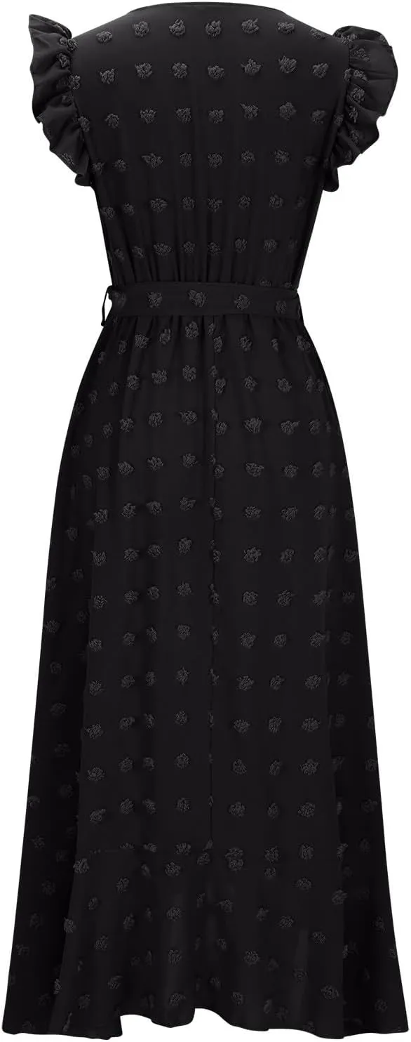 Women's Casual Dress 2025 V Neck Swiss Dot Boho Dresses Wrap Midi Ruffle Slit Hem Flowy Swing Beach Long Dresses