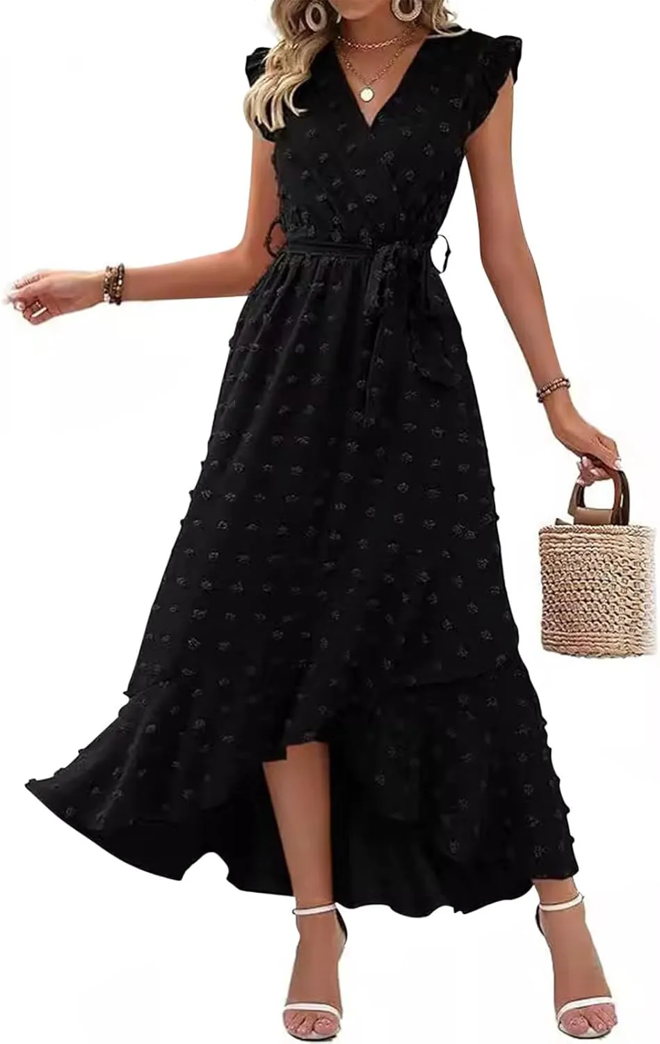 Women's Casual Dress 2025 V Neck Swiss Dot Boho Dresses Wrap Midi Ruffle Slit Hem Flowy Swing Beach Long Dresses