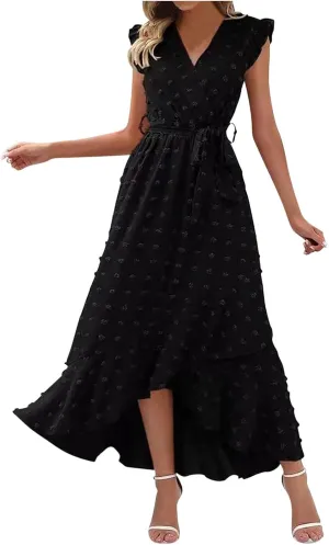 Women's Casual Dress 2025 V Neck Swiss Dot Boho Dresses Wrap Midi Ruffle Slit Hem Flowy Swing Beach Long Dresses