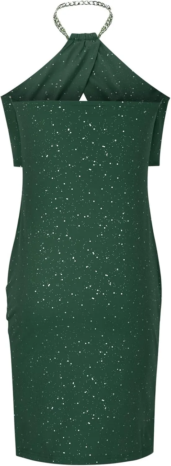 Women's Chain Halter Sparkly Rhinestone Cocktail Dress Bodycon Cut Out Side Split Hem Midi Wedding Guest Party Dresses