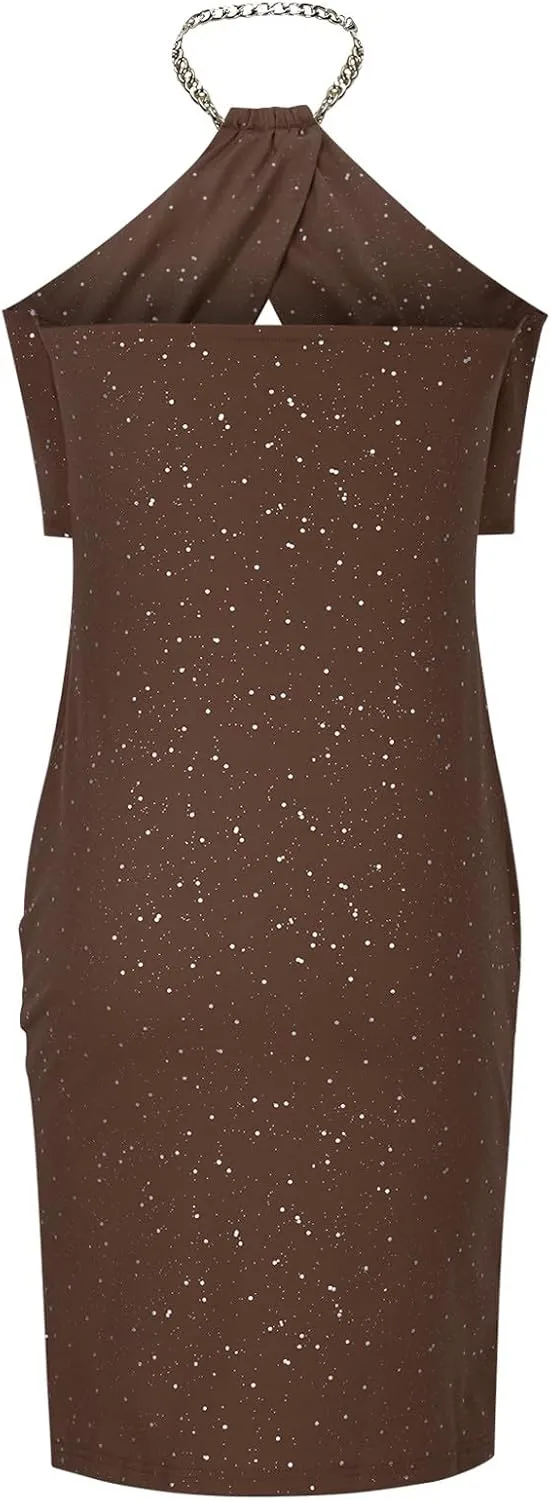 Women's Chain Halter Sparkly Rhinestone Cocktail Dress Bodycon Cut Out Side Split Hem Midi Wedding Guest Party Dresses