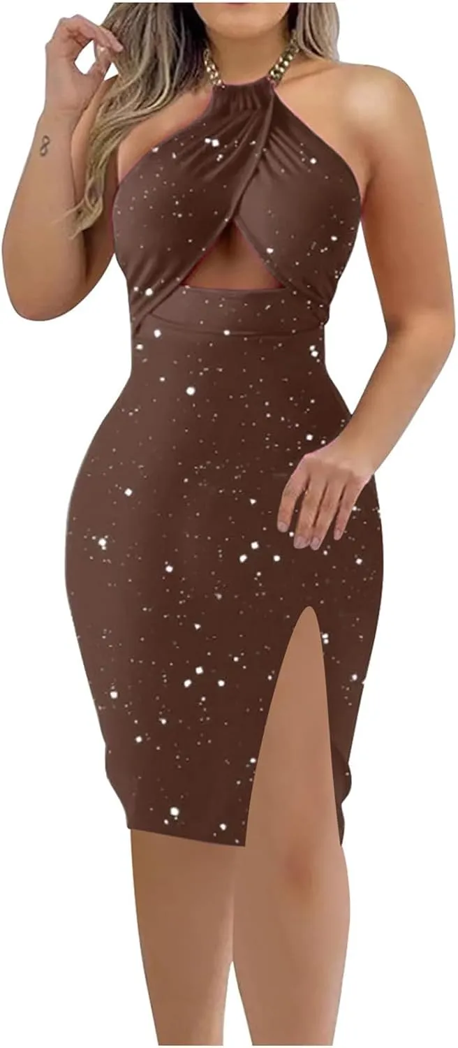 Women's Chain Halter Sparkly Rhinestone Cocktail Dress Bodycon Cut Out Side Split Hem Midi Wedding Guest Party Dresses