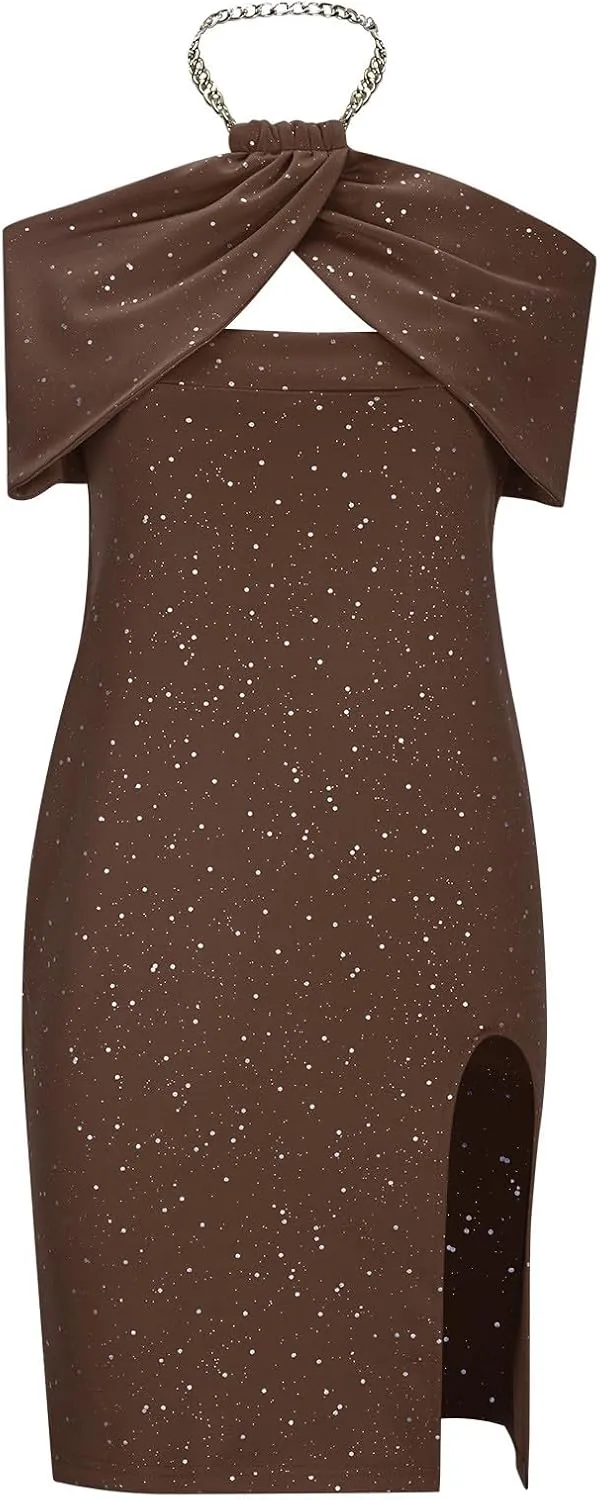 Women's Chain Halter Sparkly Rhinestone Cocktail Dress Bodycon Cut Out Side Split Hem Midi Wedding Guest Party Dresses