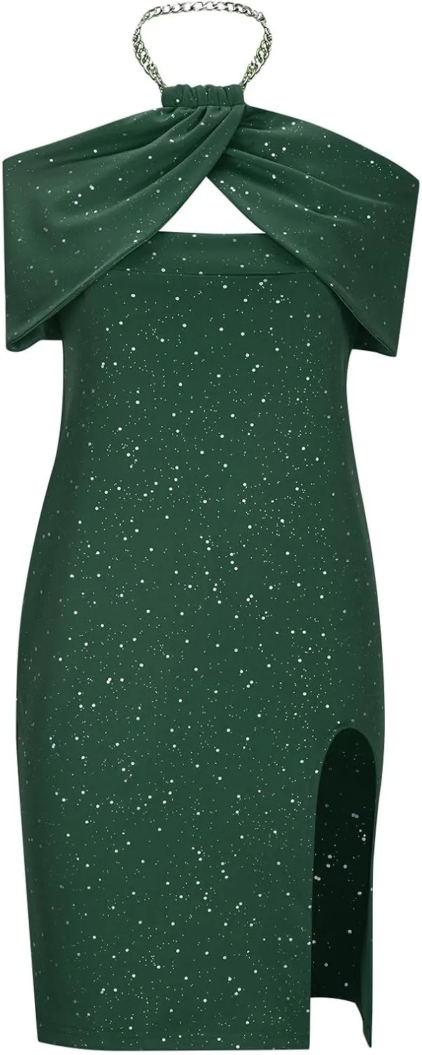 Women's Chain Halter Sparkly Rhinestone Cocktail Dress Bodycon Cut Out Side Split Hem Midi Wedding Guest Party Dresses