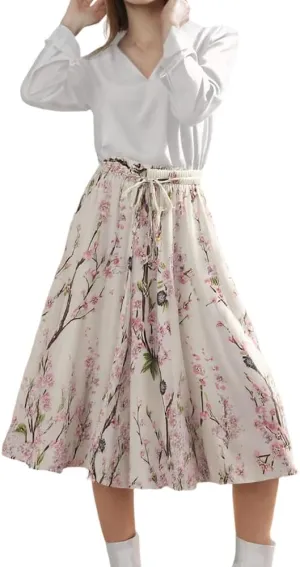Women's Chiffon Floral Elastic Waist Flowy Swing Skirts Summer Trendy A Line Ruffle Flared Midi Skirt with Drawstring