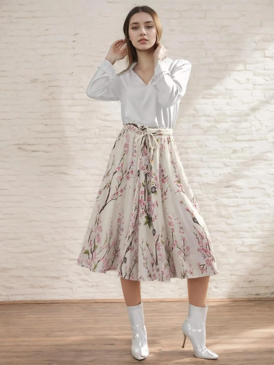 Women's Chiffon Floral Elastic Waist Flowy Swing Skirts Summer Trendy A Line Ruffle Flared Midi Skirt with Drawstring