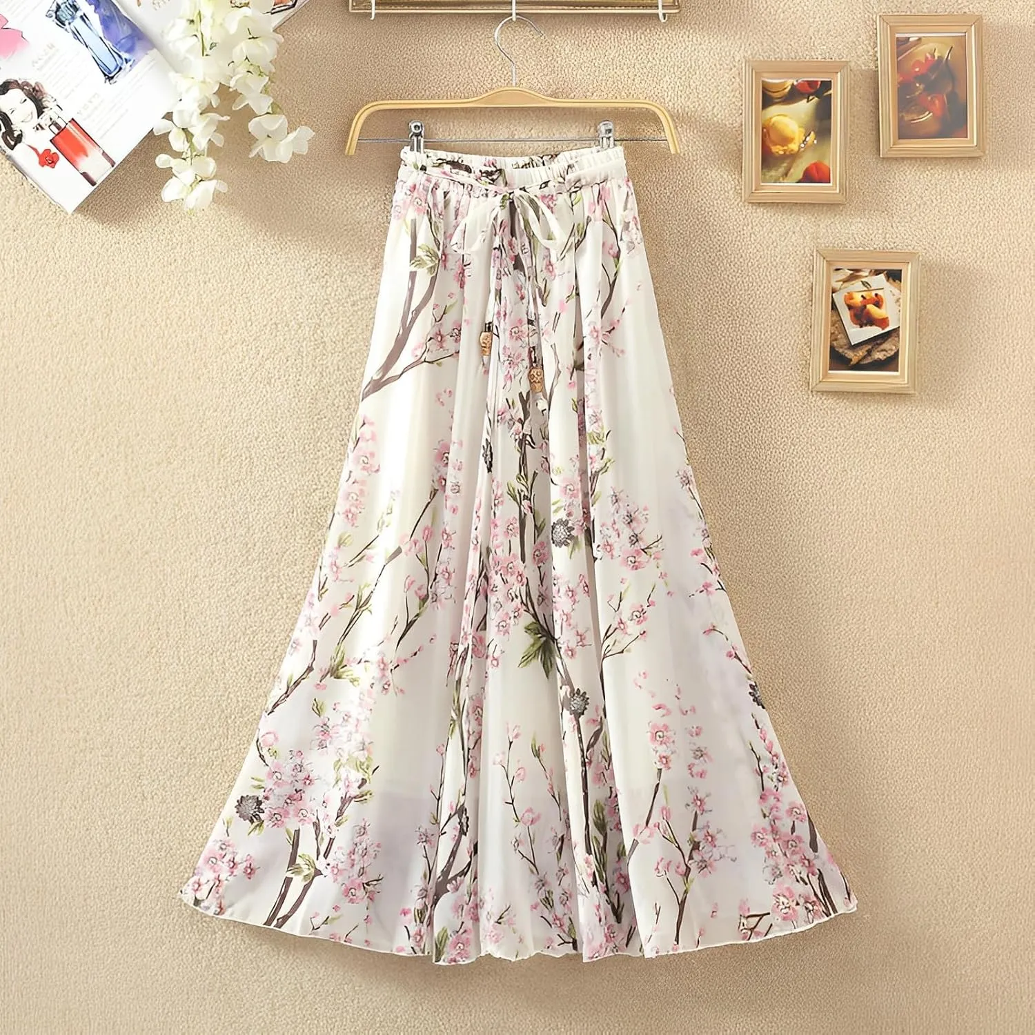 Women's Chiffon Floral Elastic Waist Flowy Swing Skirts Summer Trendy A Line Ruffle Flared Midi Skirt with Drawstring