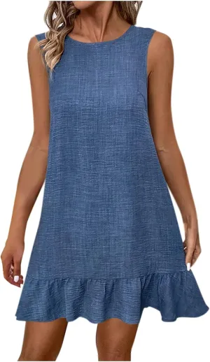 Women's Crew Neck Sleeveless Dress Lace Up Ruffle Hem Basic Short Dresses Summer Casual Comfy Solid Color Mini Dress