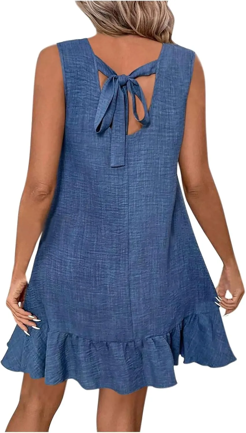 Women's Crew Neck Sleeveless Dress Lace Up Ruffle Hem Basic Short Dresses Summer Casual Comfy Solid Color Mini Dress