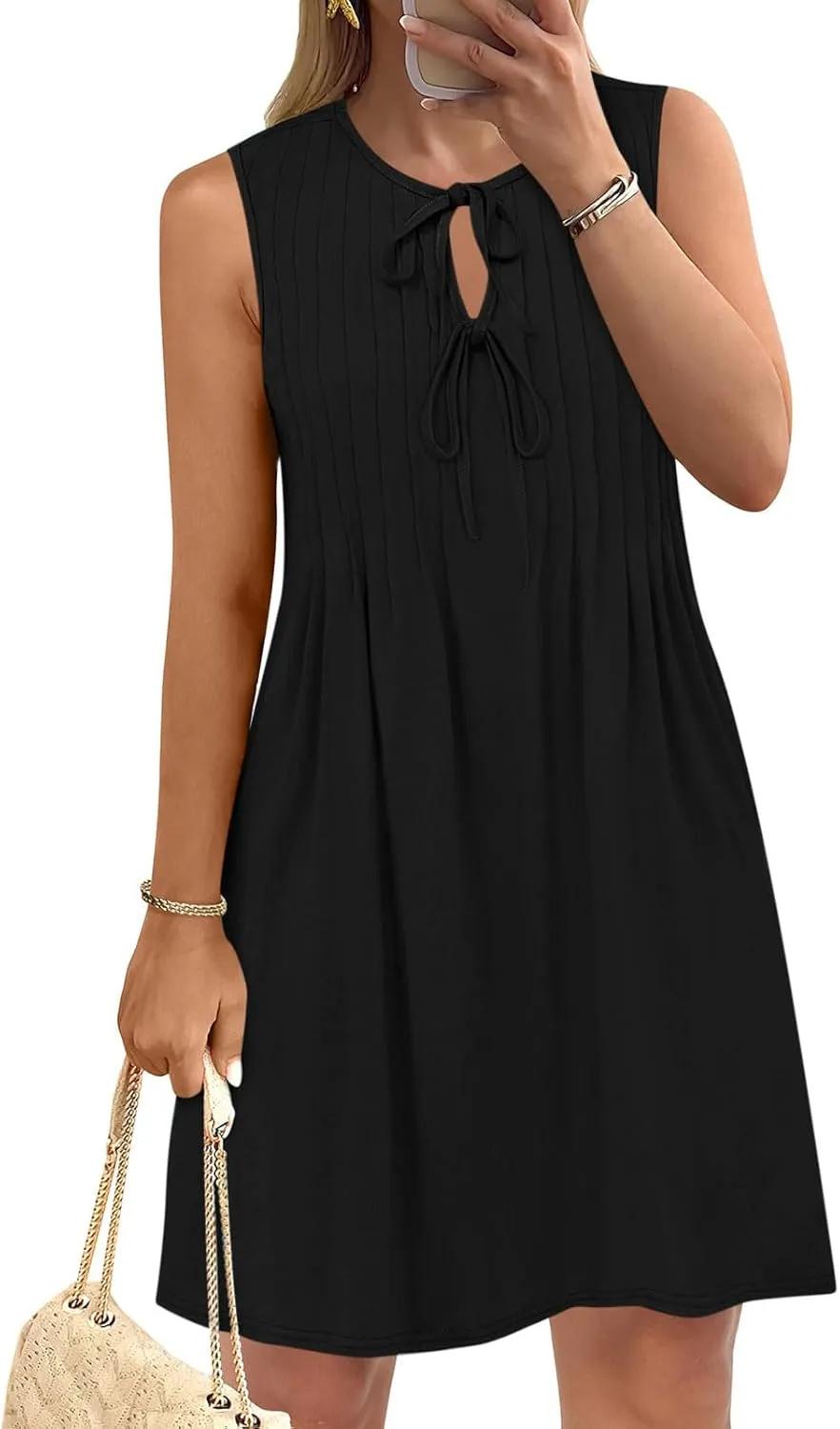 Womens Dresses Casual Summer Front Key Hole Sleeveless Tank Sundress Ruched Crewneck Beach Vacation Mini Dress
