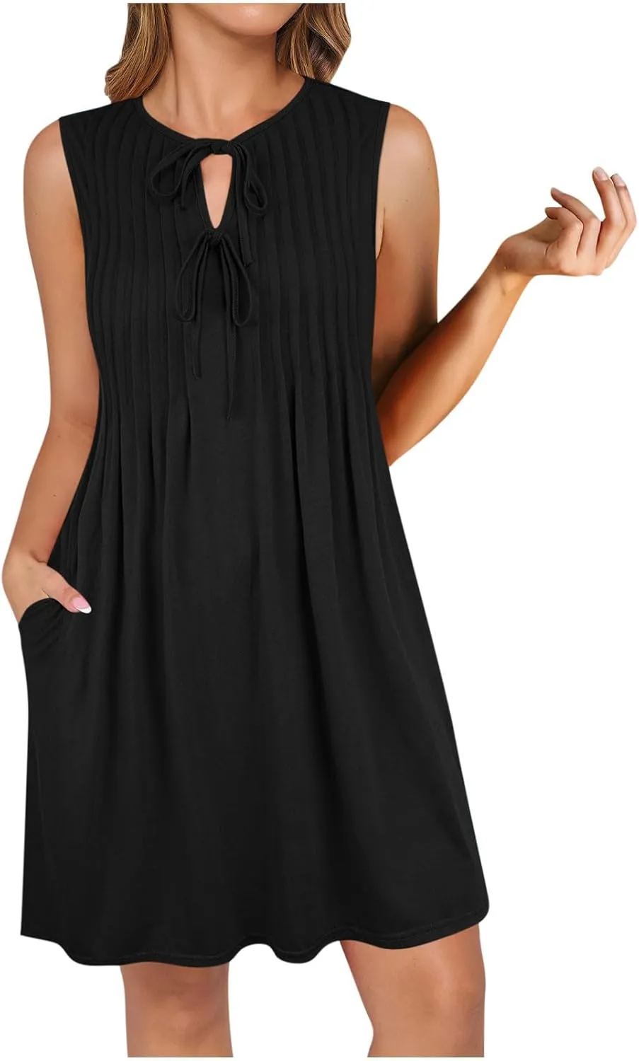 Womens Dresses Casual Summer Front Key Hole Sleeveless Tank Sundress Ruched Crewneck Beach Vacation Mini Dress