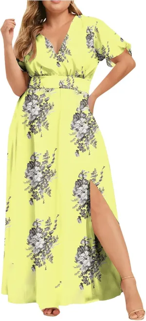 Womens Dresses Summer Plus Size V Neck Floral Print Short Sleeve Boho Dress Empire Waist Side Split Sundresses