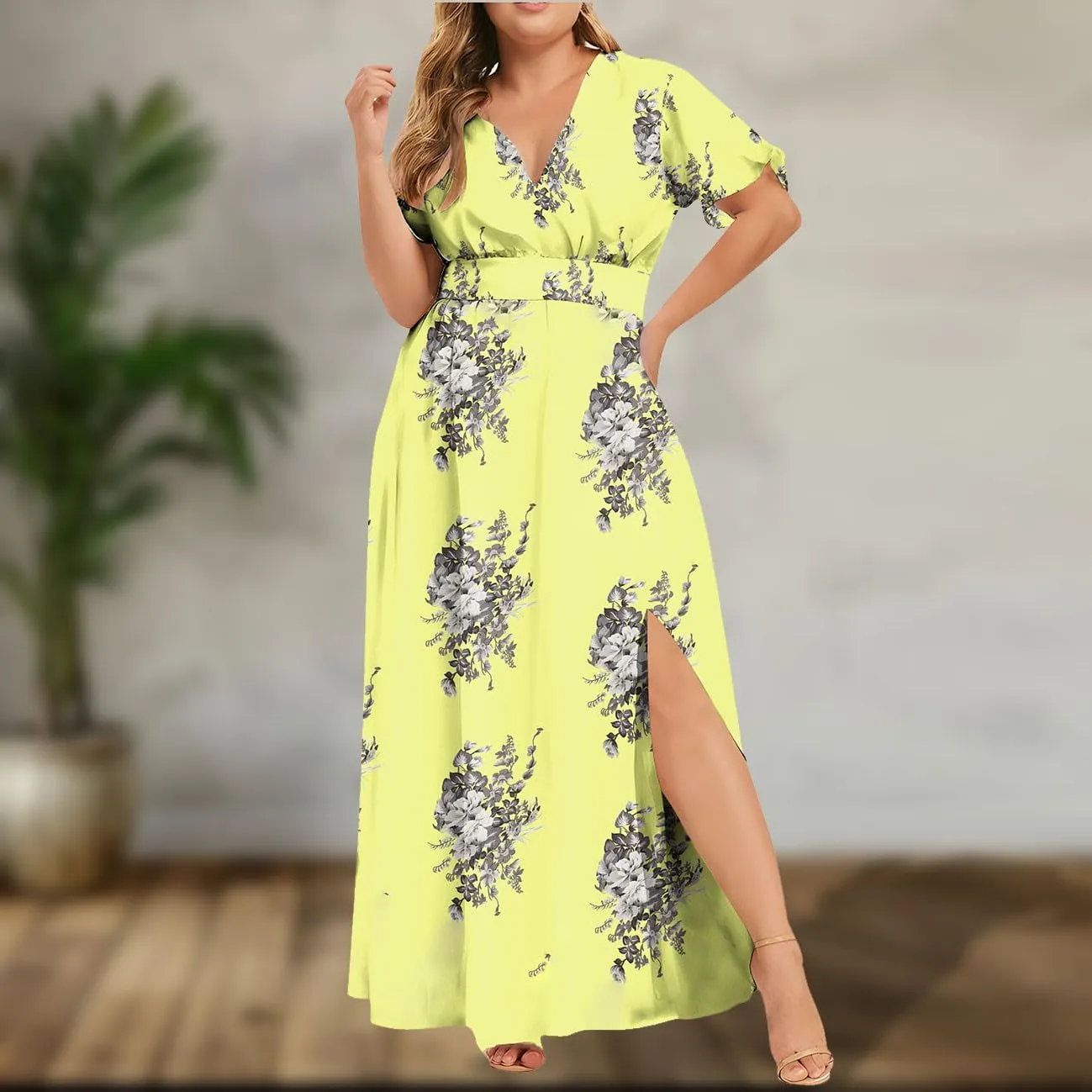 Womens Dresses Summer Plus Size V Neck Floral Print Short Sleeve Boho Dress Empire Waist Side Split Sundresses