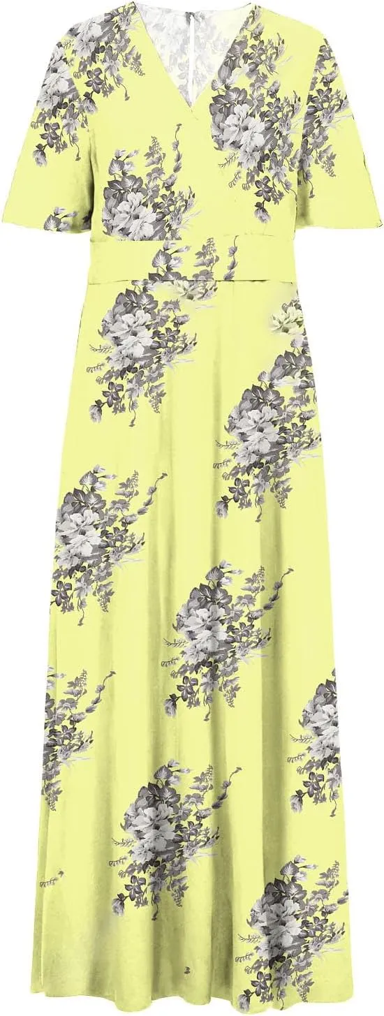 Womens Dresses Summer Plus Size V Neck Floral Print Short Sleeve Boho Dress Empire Waist Side Split Sundresses