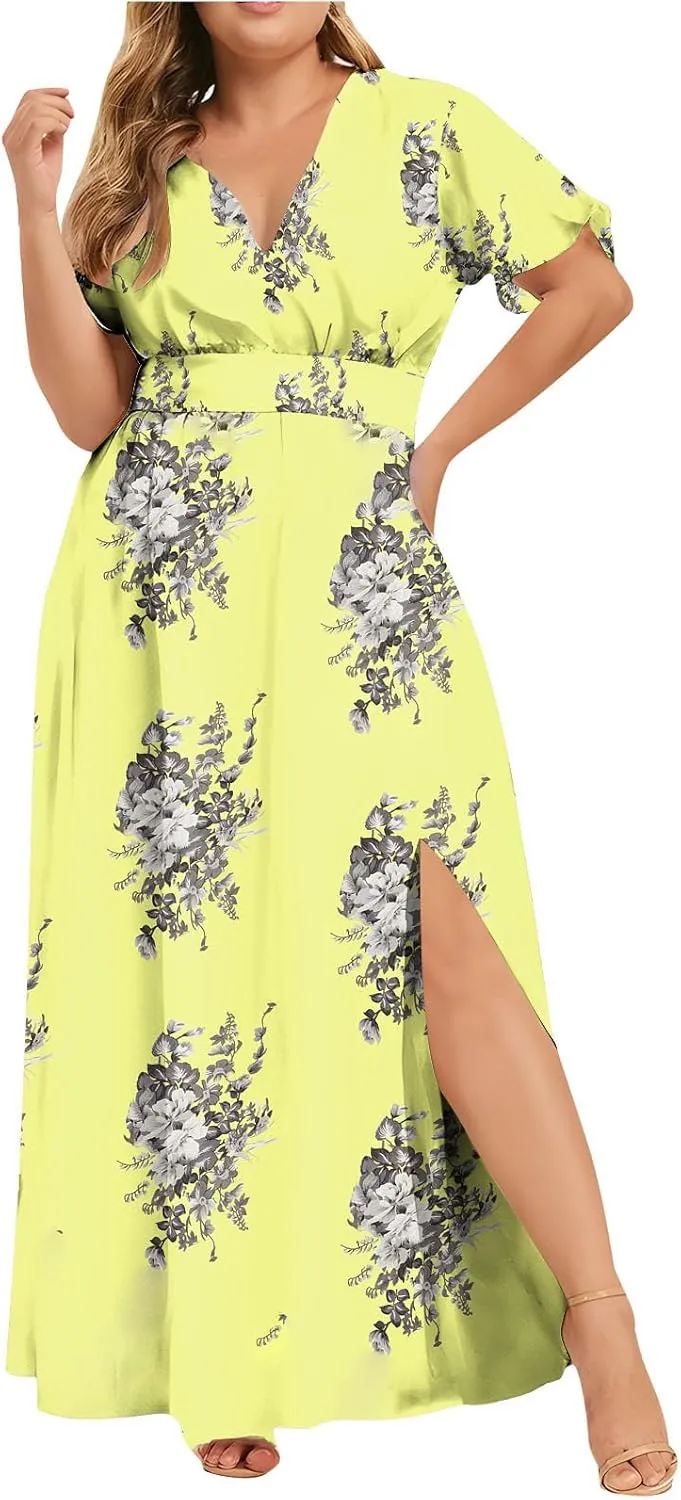 Womens Dresses Summer Plus Size V Neck Floral Print Short Sleeve Boho Dress Empire Waist Side Split Sundresses