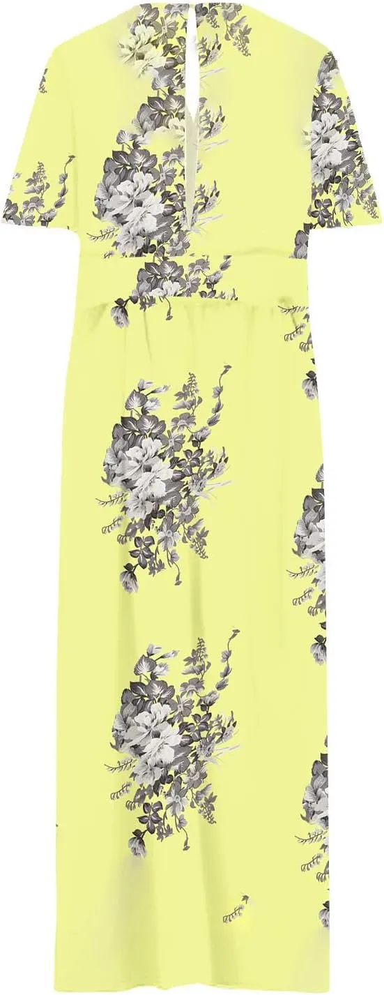 Womens Dresses Summer Plus Size V Neck Floral Print Short Sleeve Boho Dress Empire Waist Side Split Sundresses