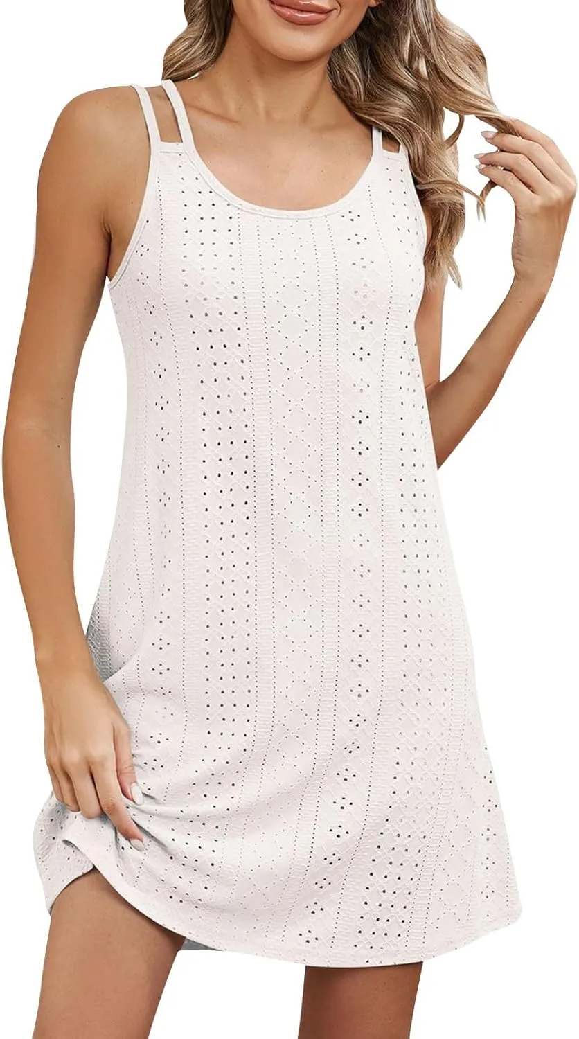Womens Eyelet Embroidery Cami Dress Summer Sleeveless Casual Mini Dress Sundress Boho Spaghetti Strap Beach Dresses