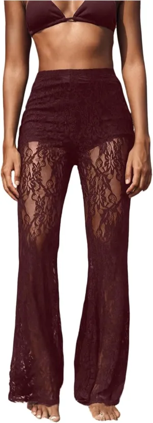 Women's Floral Lace Sheer Mesh Flare Pants Elastic High Waisted Long Trousers