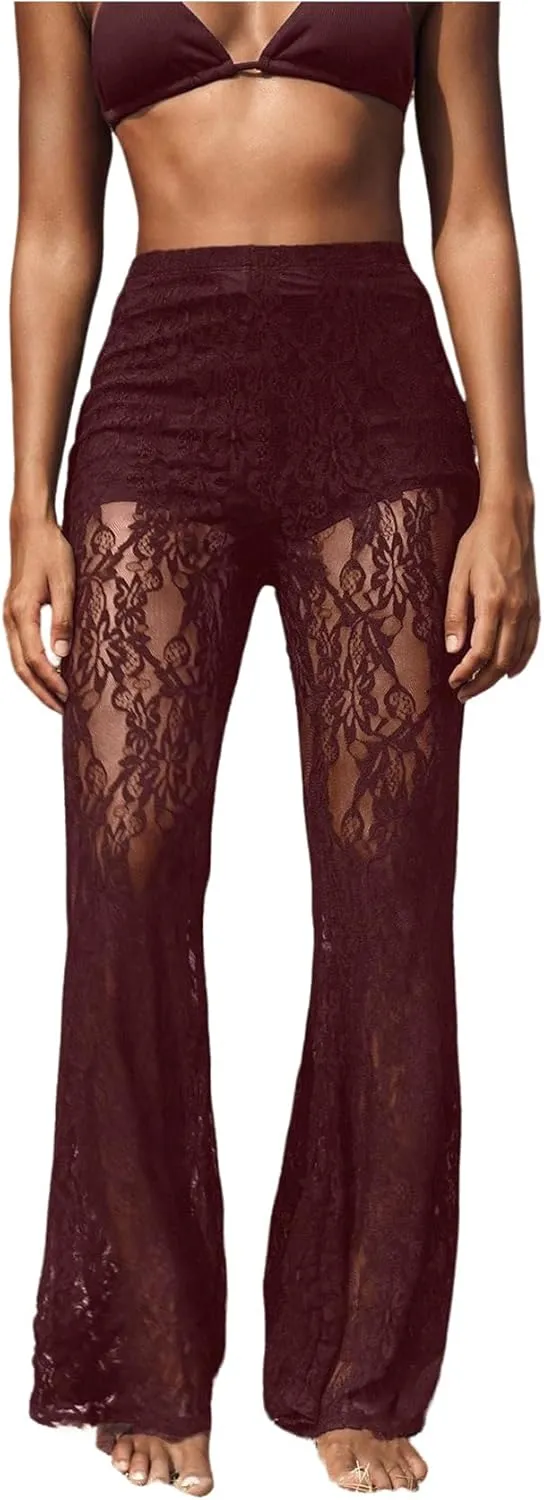 Women's Floral Lace Sheer Mesh Flare Pants Elastic High Waisted Long Trousers