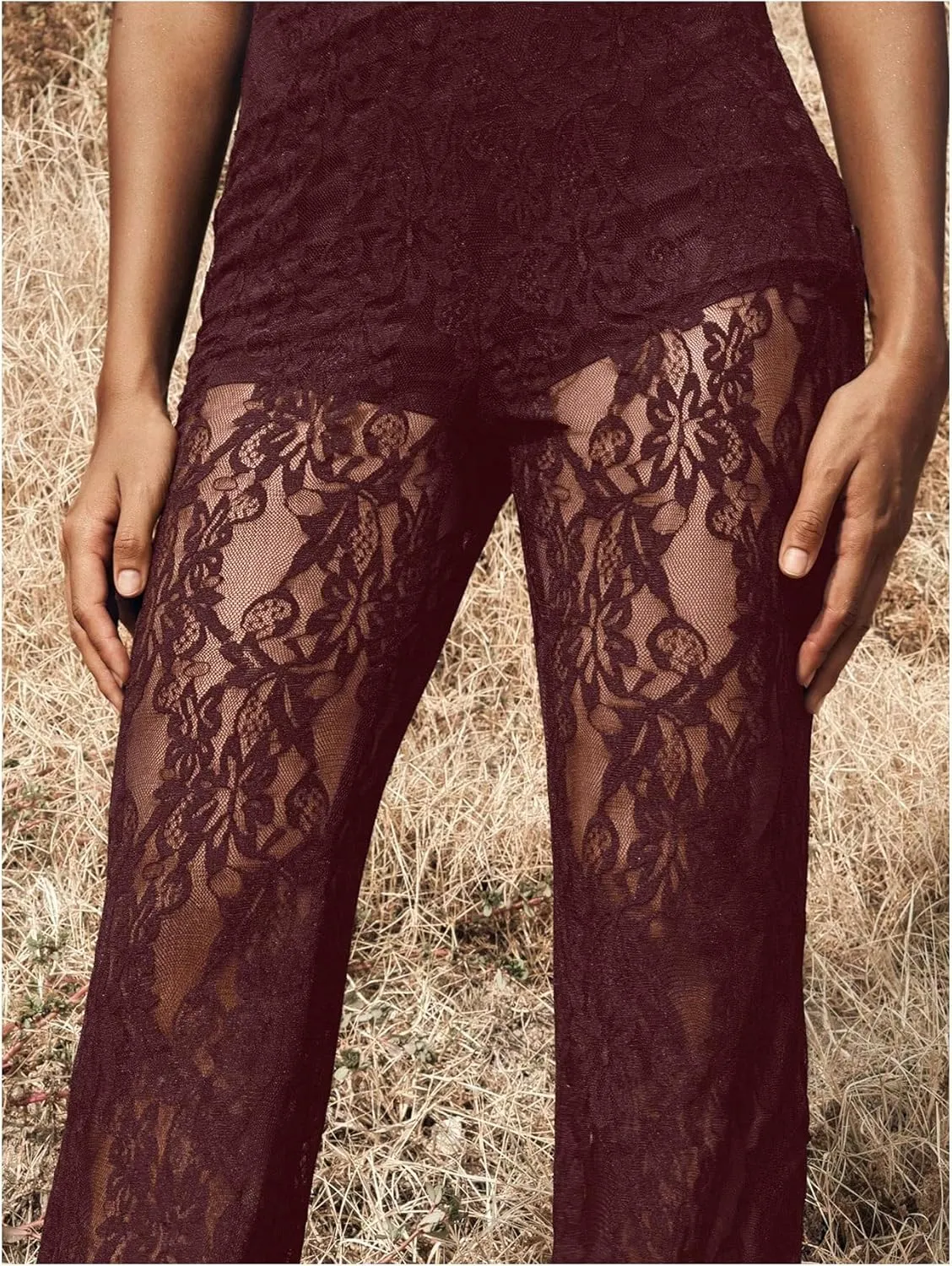 Women's Floral Lace Sheer Mesh Flare Pants Elastic High Waisted Long Trousers