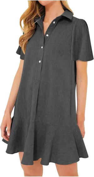 Women's Half Button Down Shirt Dress Summer Casual Lapel Short Sleeve Cotton Linen Dress Ruffle Shift Mini Dresses