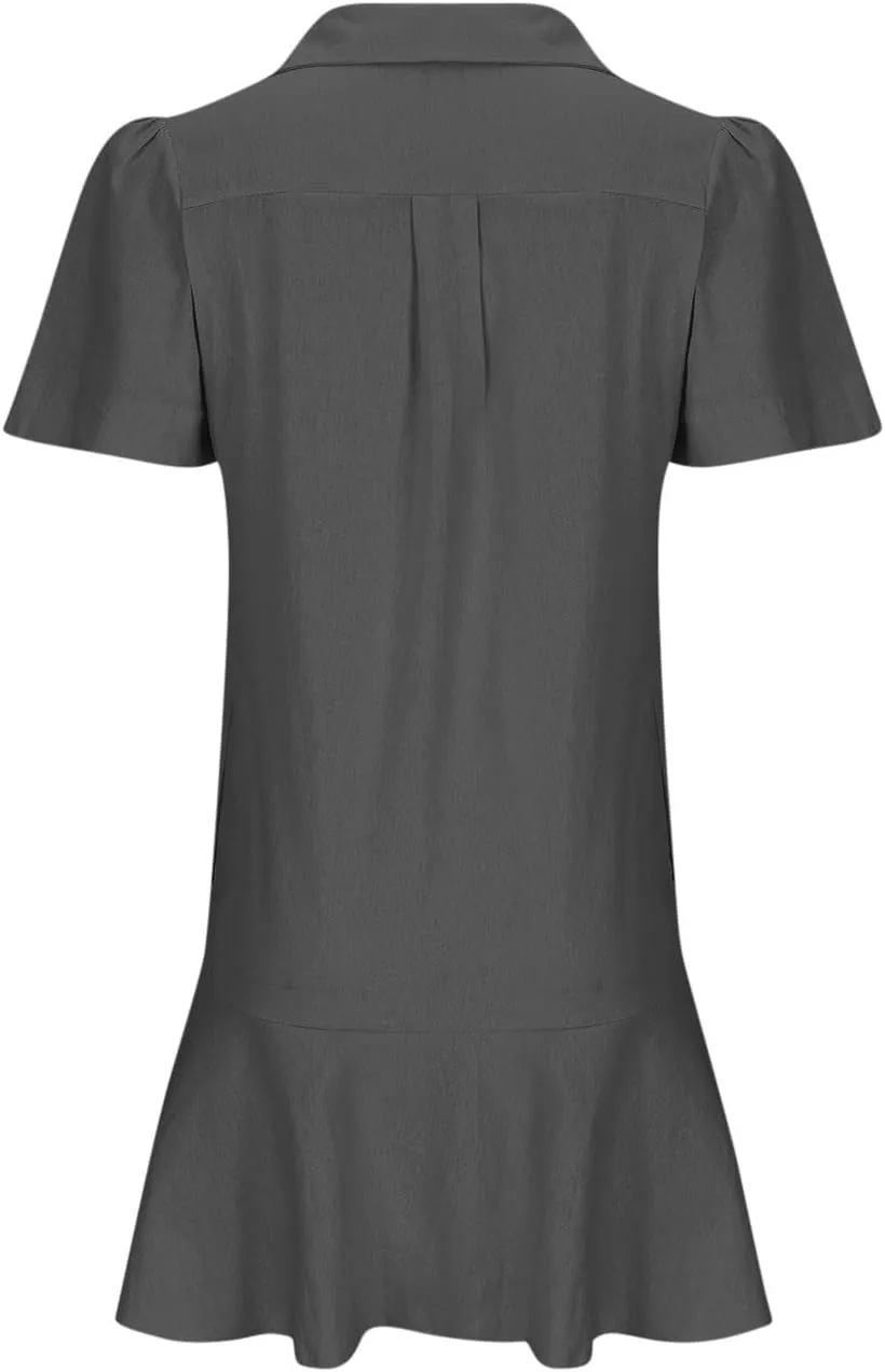 Women's Half Button Down Shirt Dress Summer Casual Lapel Short Sleeve Cotton Linen Dress Ruffle Shift Mini Dresses