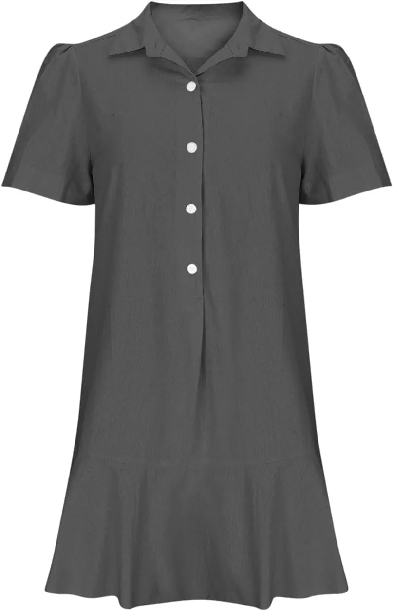 Women's Half Button Down Shirt Dress Summer Casual Lapel Short Sleeve Cotton Linen Dress Ruffle Shift Mini Dresses