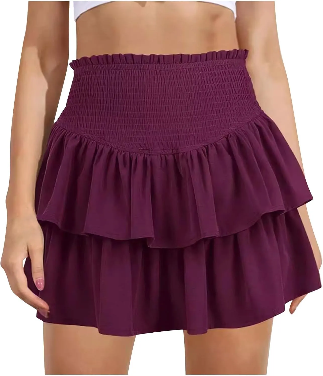 Women's High Waist Mini Skirt Layered Ruffle Hem Flared Flowy Casual Solid Color Tiered A Line Swing Short Skirts