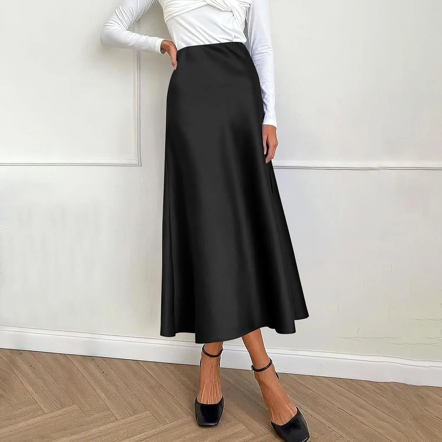 Women's Midi Satin Skirt Dressy Casual High Waisted A Line Flowy Ruffle Elegant Summer Party Cocktail Calf Length Skirts