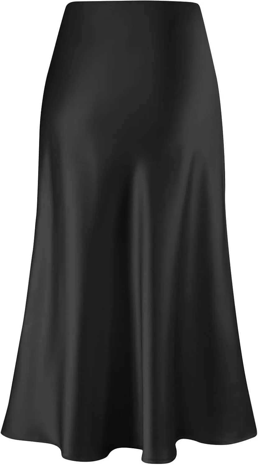 Women's Midi Satin Skirt Dressy Casual High Waisted A Line Flowy Ruffle Elegant Summer Party Cocktail Calf Length Skirts