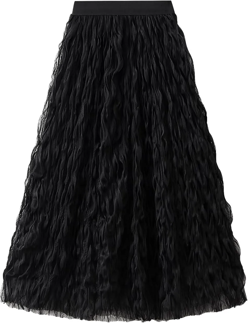 Women's Midi Wave Wrinkled Tutu Skirt A-Line Elastic Waist Flared Pleated Skirt Chic Beach Party Tulle Skirts