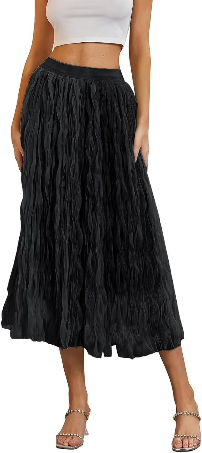Women's Midi Wave Wrinkled Tutu Skirt A-Line Elastic Waist Flared Pleated Skirt Chic Beach Party Tulle Skirts