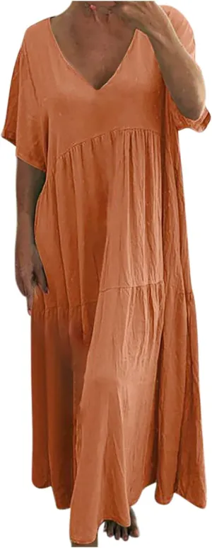 Womens Oversized Long Dress Flowy Cotton Linen Maxi Dresses Smocked Casual Floor Length Beach Dress Baggy Sundresses