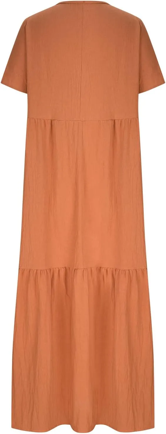 Womens Oversized Long Dress Flowy Cotton Linen Maxi Dresses Smocked Casual Floor Length Beach Dress Baggy Sundresses