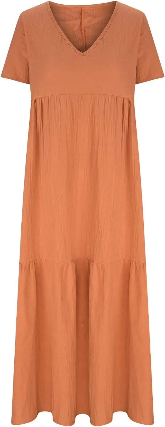 Womens Oversized Long Dress Flowy Cotton Linen Maxi Dresses Smocked Casual Floor Length Beach Dress Baggy Sundresses