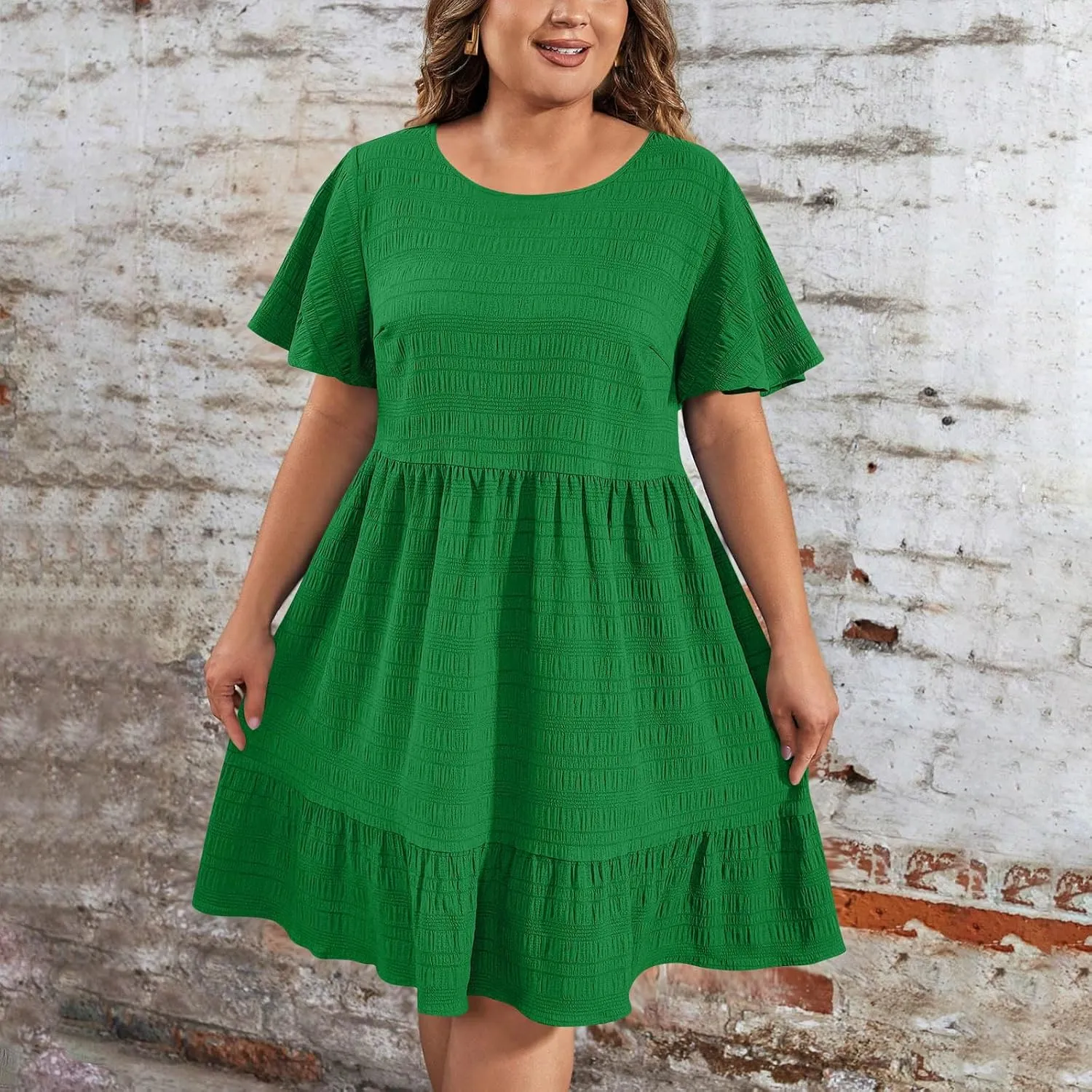 Womens Plus Size Mini Dress Pleated Patchwork Dresses Short Sleeve Crewneck Sundress Beach Wedding Guest Clothes 2025