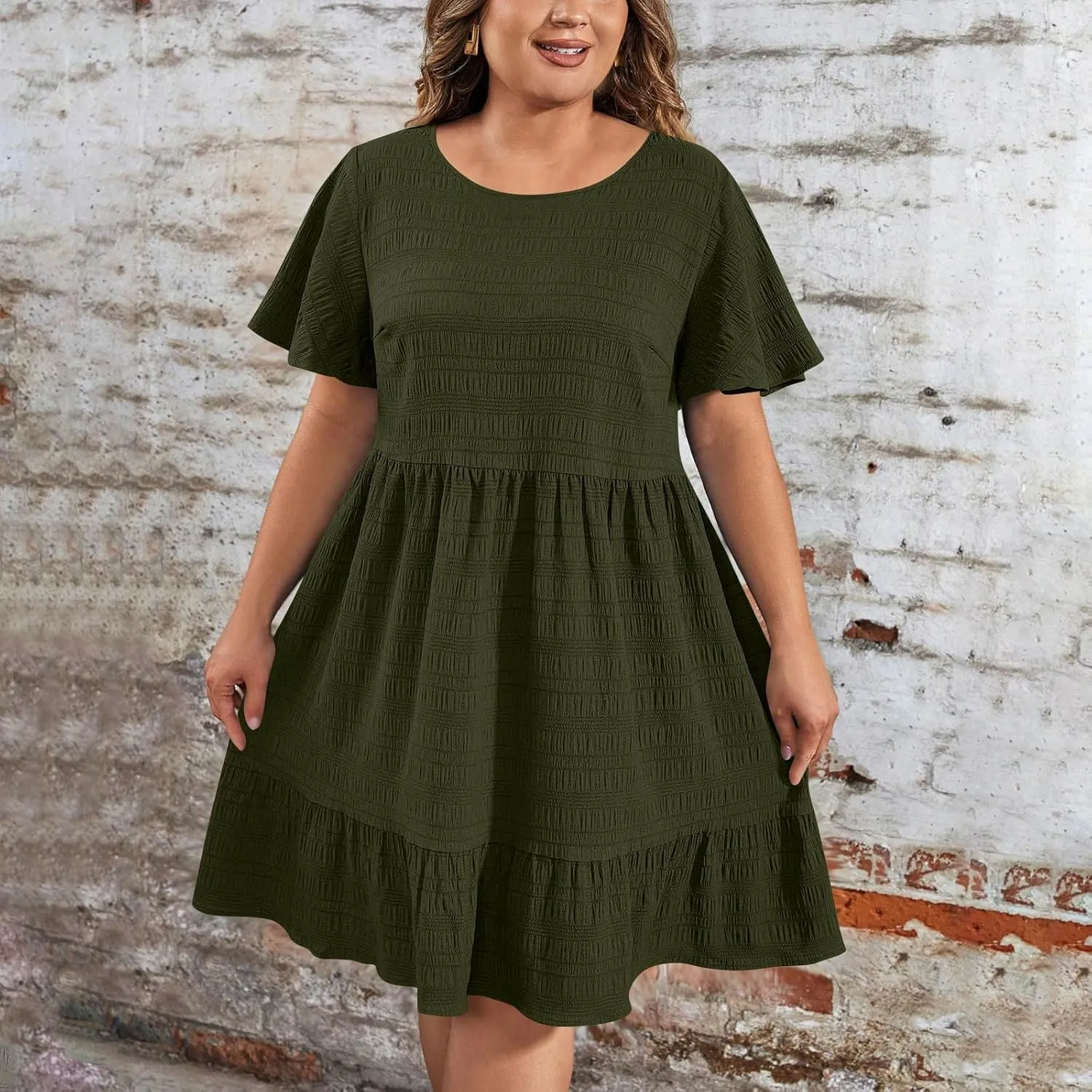 Womens Plus Size Mini Dress Pleated Patchwork Dresses Short Sleeve Crewneck Sundress Beach Wedding Guest Clothes 2025