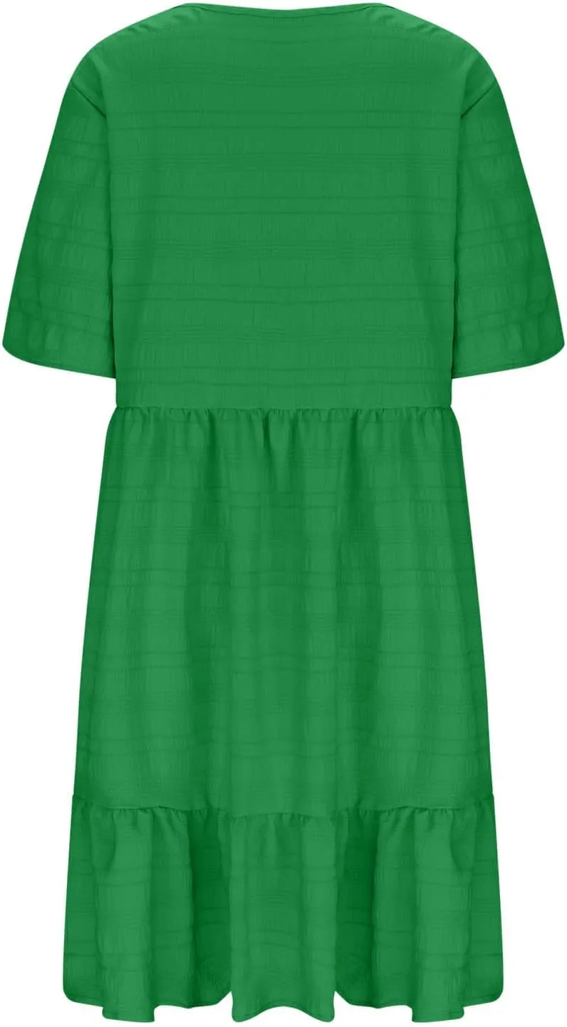 Womens Plus Size Mini Dress Pleated Patchwork Dresses Short Sleeve Crewneck Sundress Beach Wedding Guest Clothes 2025