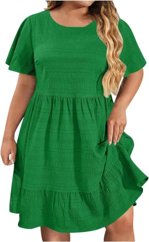 Womens Plus Size Mini Dress Pleated Patchwork Dresses Short Sleeve Crewneck Sundress Beach Wedding Guest Clothes 2025
