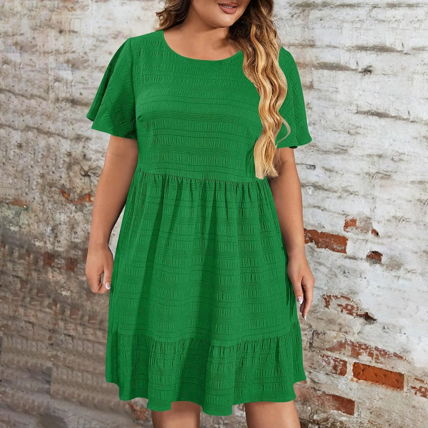 Womens Plus Size Mini Dress Pleated Patchwork Dresses Short Sleeve Crewneck Sundress Beach Wedding Guest Clothes 2025