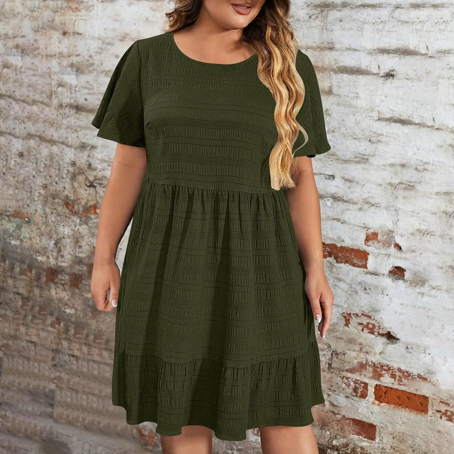 Womens Plus Size Mini Dress Pleated Patchwork Dresses Short Sleeve Crewneck Sundress Beach Wedding Guest Clothes 2025