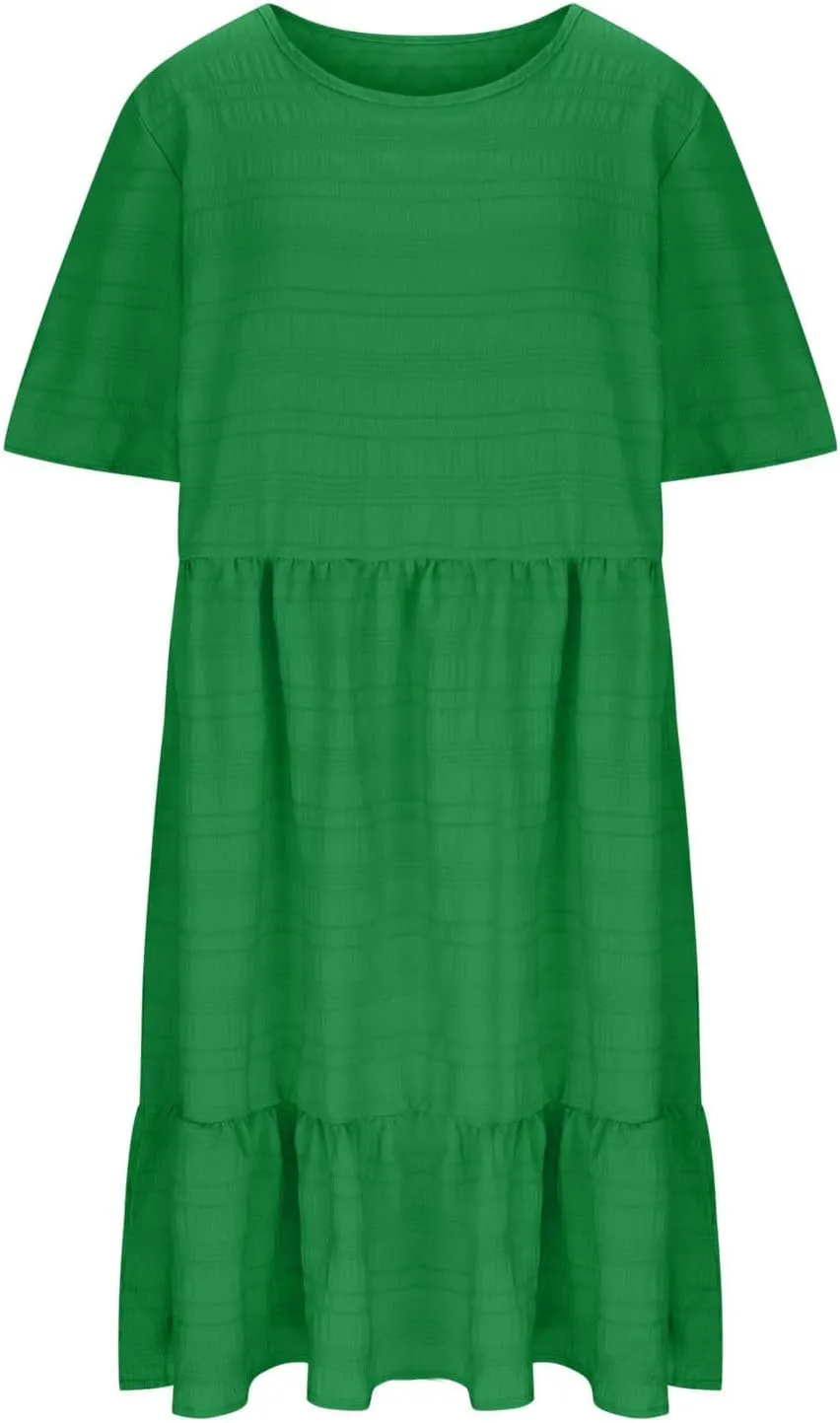 Womens Plus Size Mini Dress Pleated Patchwork Dresses Short Sleeve Crewneck Sundress Beach Wedding Guest Clothes 2025
