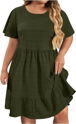 Womens Plus Size Mini Dress Pleated Patchwork Dresses Short Sleeve Crewneck Sundress Beach Wedding Guest Clothes 2025