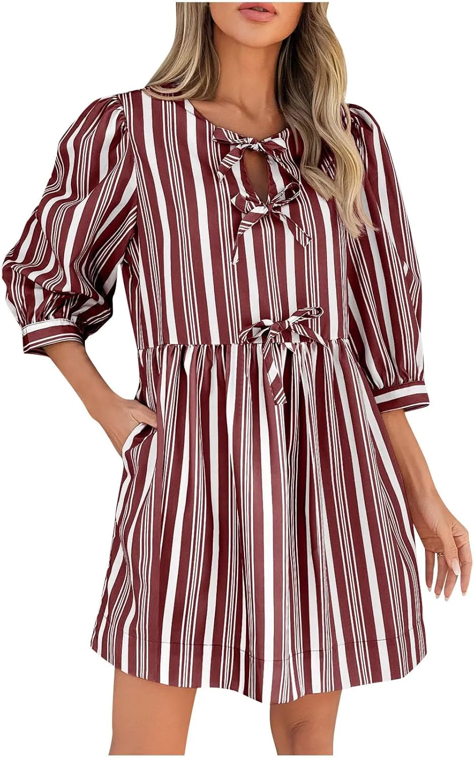 Women's Puff Sleeve Mini Dress Summer Casual Bow Tie Crewneck Striped Loose Flowy Beach Dresses Trendy 2025 Outfits