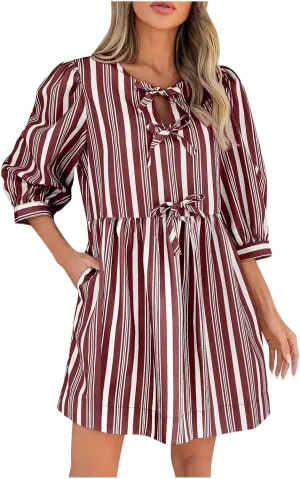 Women's Puff Sleeve Mini Dress Summer Casual Bow Tie Crewneck Striped Loose Flowy Beach Dresses Trendy 2025 Outfits